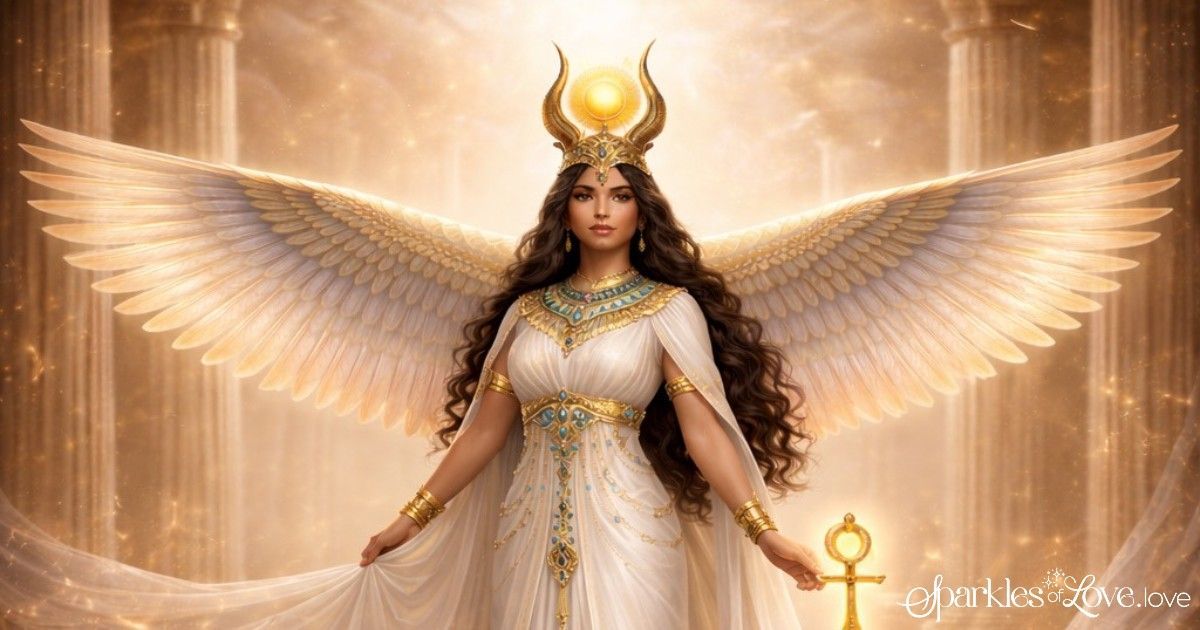 Lady Isis, Winged goddess in a white gown with glowing halo, standing before a golden radiant background