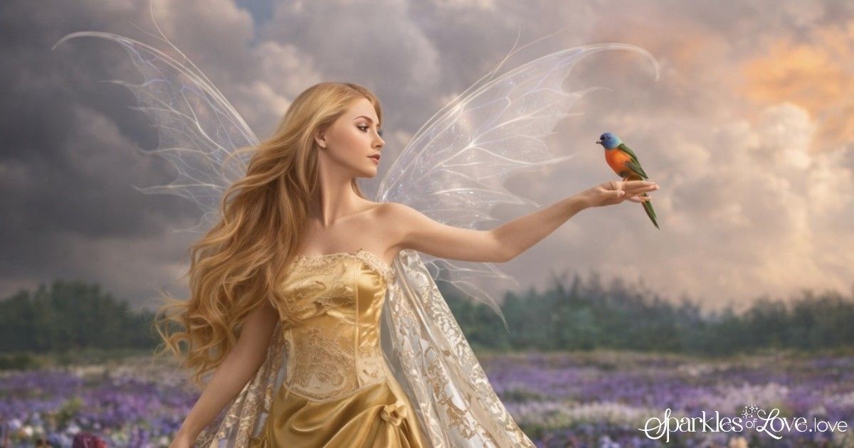 Isobella the Queen of the Faries, winged figure in a gold dress reaches toward a colorful bird in a cloudy meadow at sunset