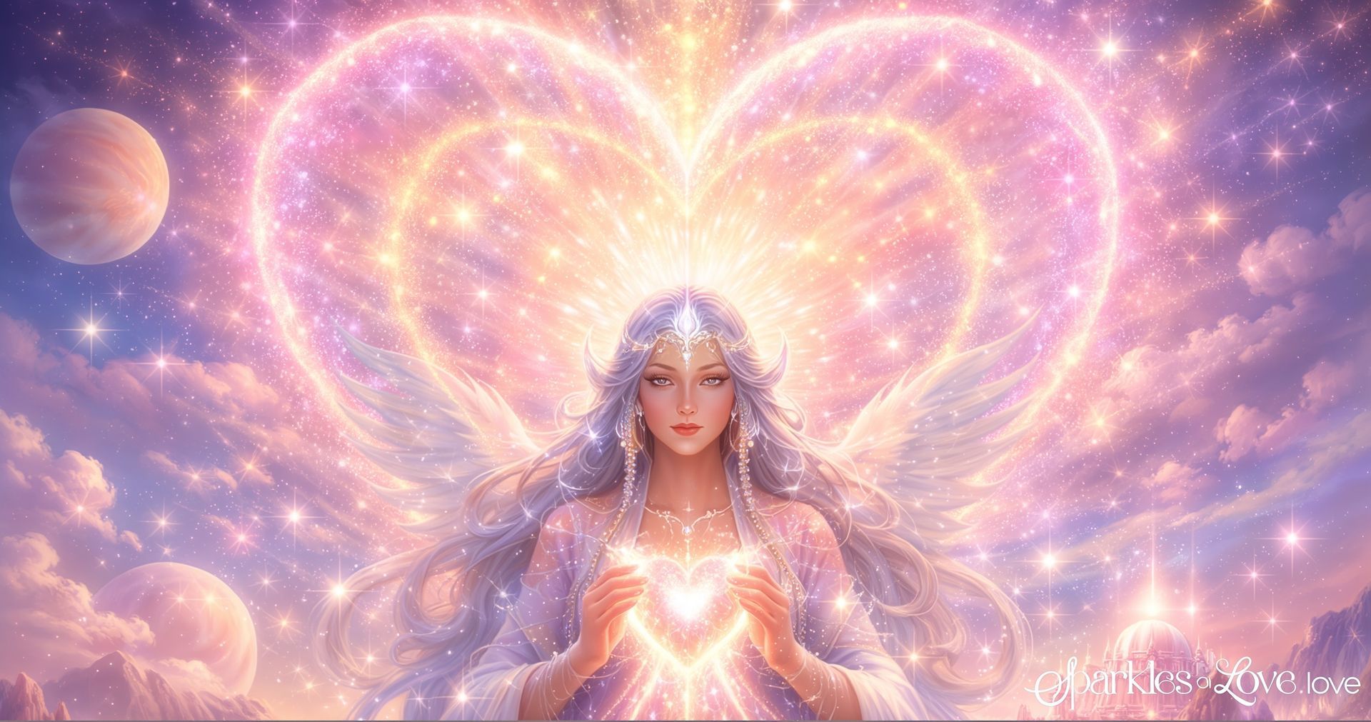 Lady Oceania, glowing ethereal figure with radiant heart light and pink-purple heart-shaped aura against a dreamy sky