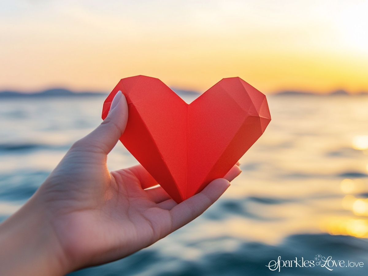 Hand holding a red origami heart against a sunset by the water