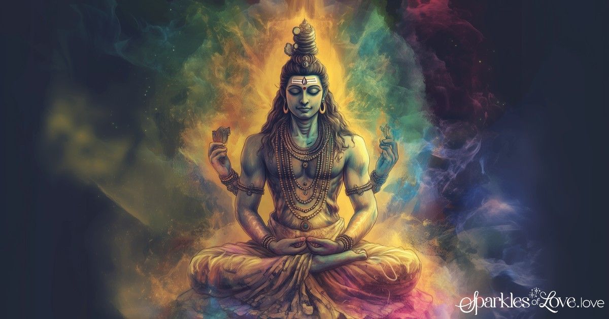 Colorful digital artwork of Shiva, a seated Hindu deity meditating, surrounded by glowing smoke and cosmic light