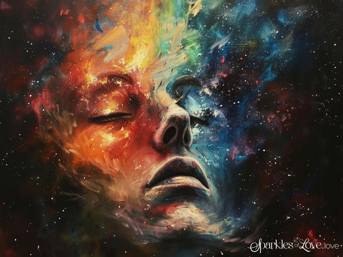 Abstract portrait of a serene face amid swirling red, blue, and gold cosmic colors