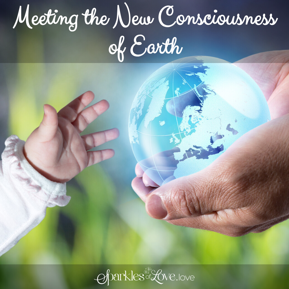 Child and adult hands holding a glowing Earth, with “Meeting the New Consciousness of Earth” text