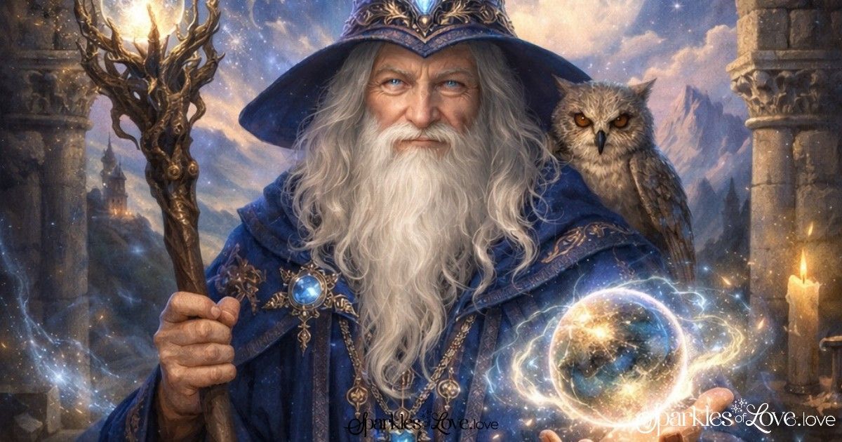Merlin the Magician, a wizard in blue robe and hat holding a staff, with an owl on his shoulder and a glowing orb in a snowy forest
