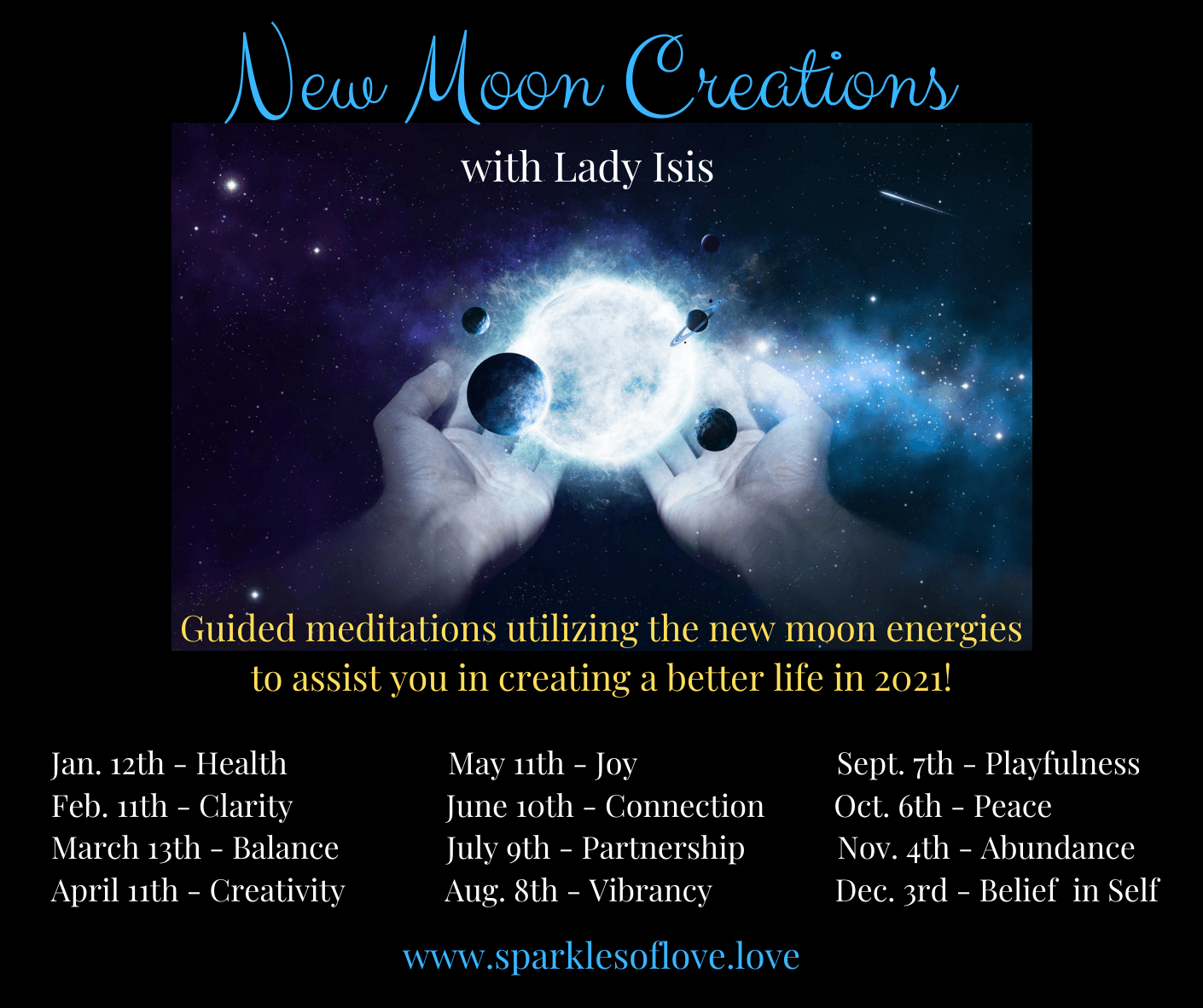 Blue moon meditation poster with glowing moon, hands, stars, and event details on dark background