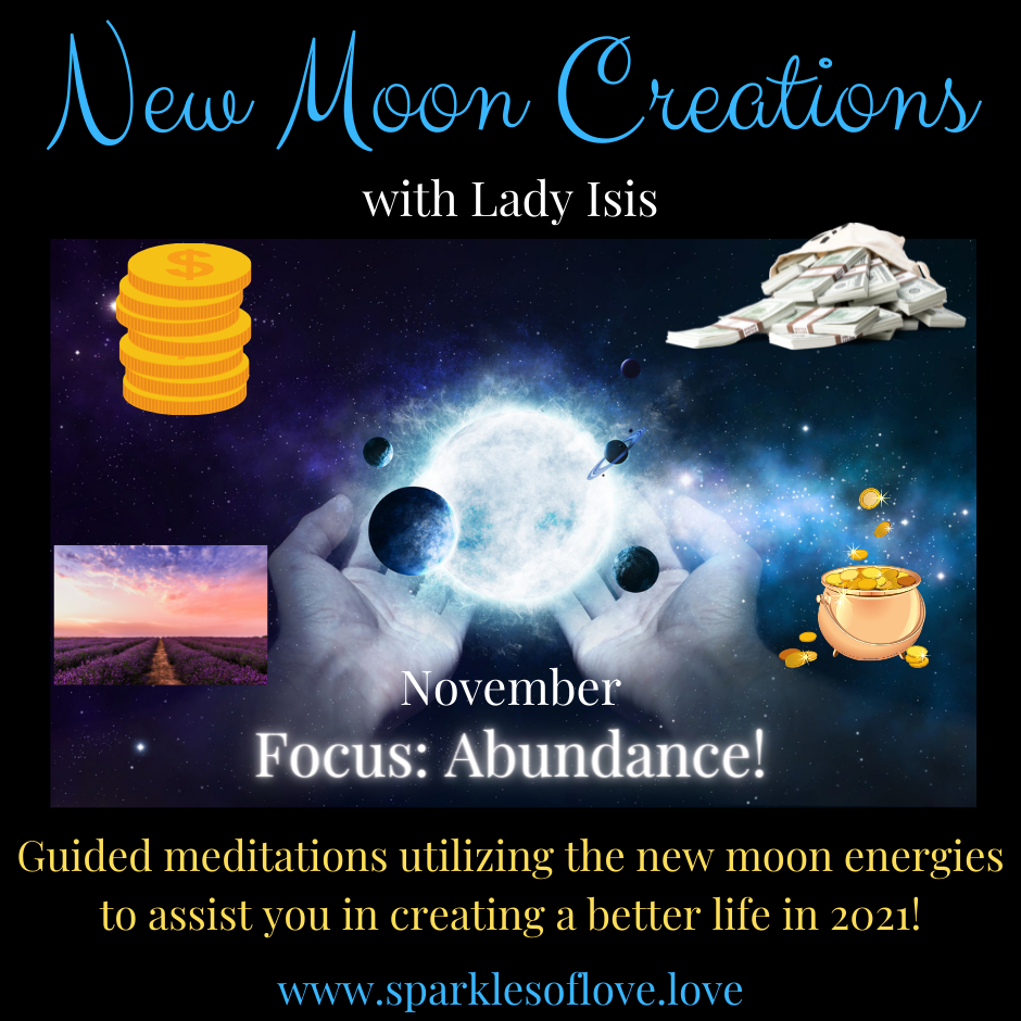 Promotional graphic for New Moon Creations: “November Focus: Abundance!” with moon, stars, gold coins, and crystals.