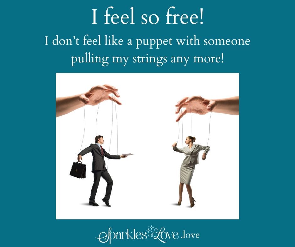 Marionette figure between two hands, captioned “I feel so free!” on a teal background.