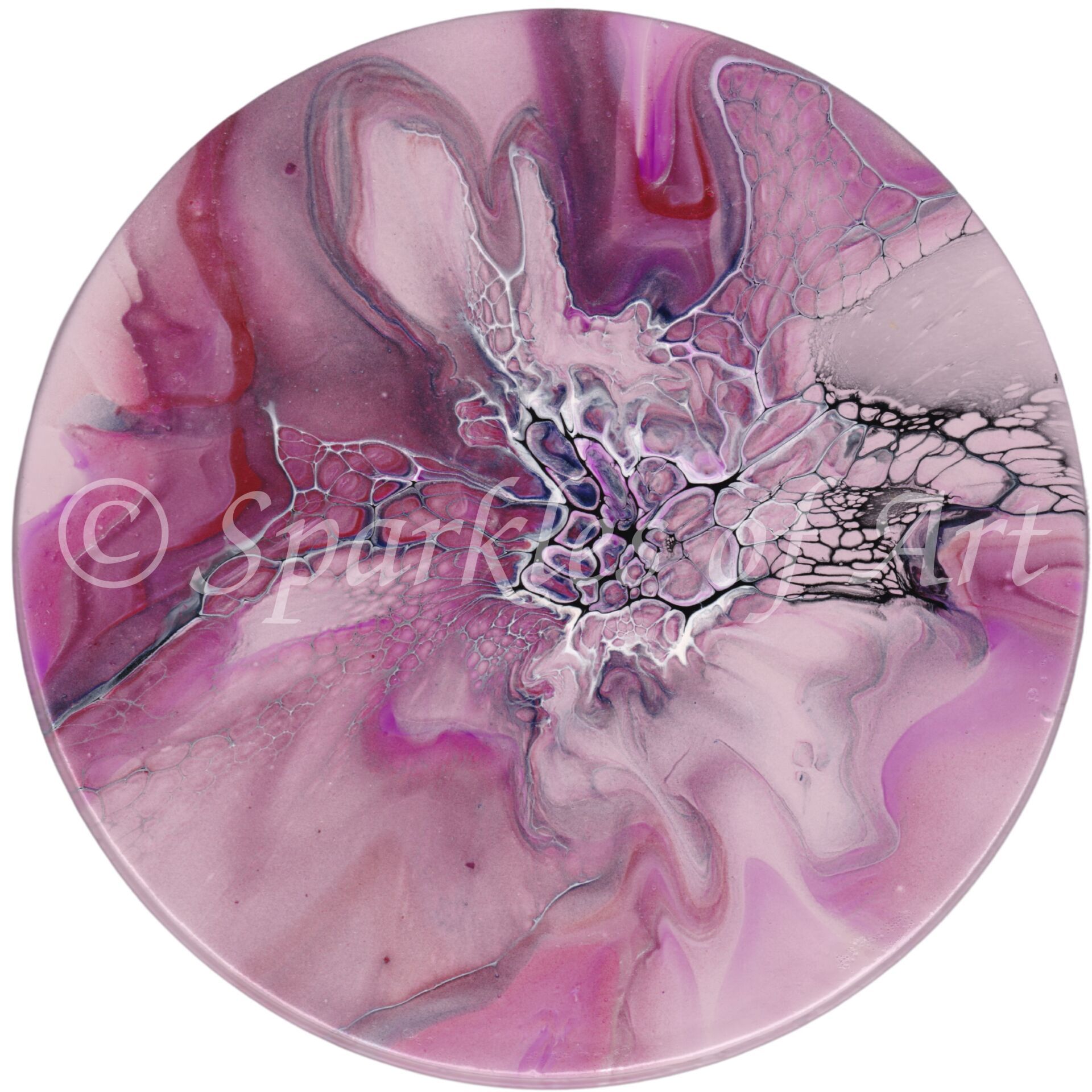 Abstract pink and lavender circular artwork with a cracked, marbled center and fluid white swirls