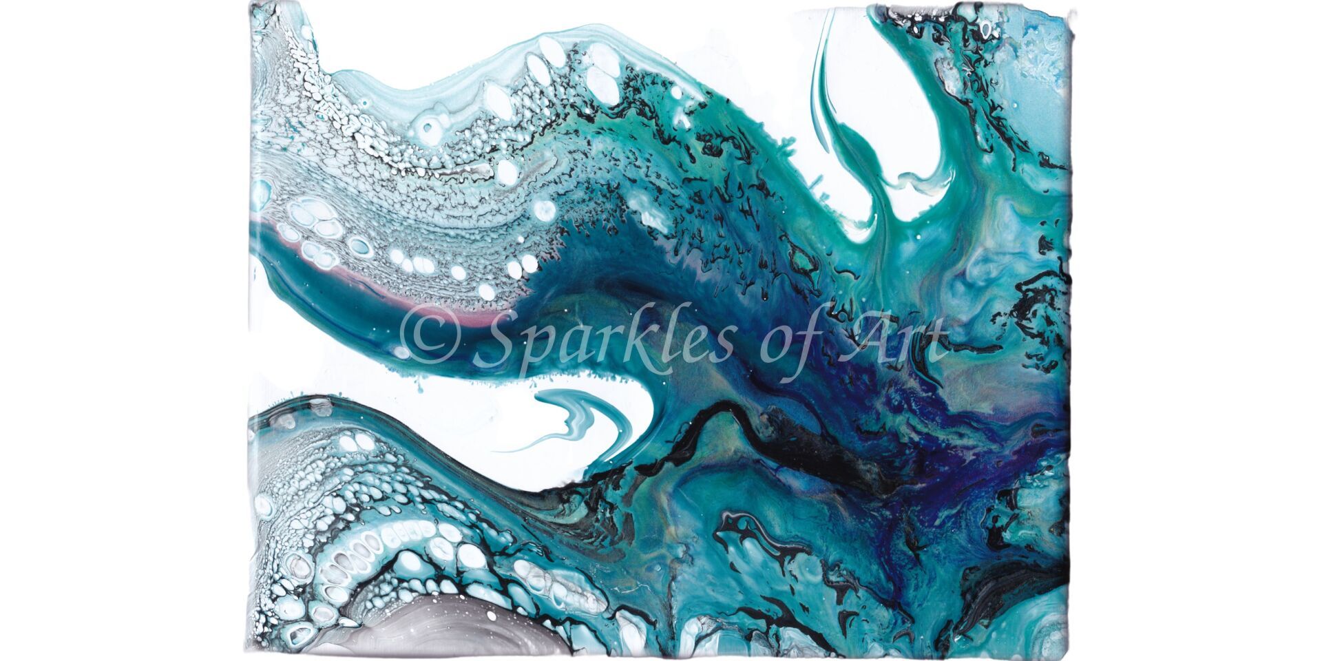 Abstract teal and white ocean waves with splashes and the text “Examples of Style” overlayed