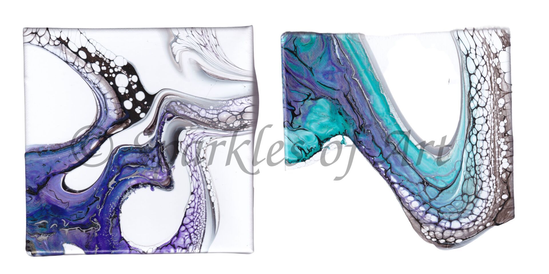 Two abstract blue and gray marbled patterns in side-by-side square panels