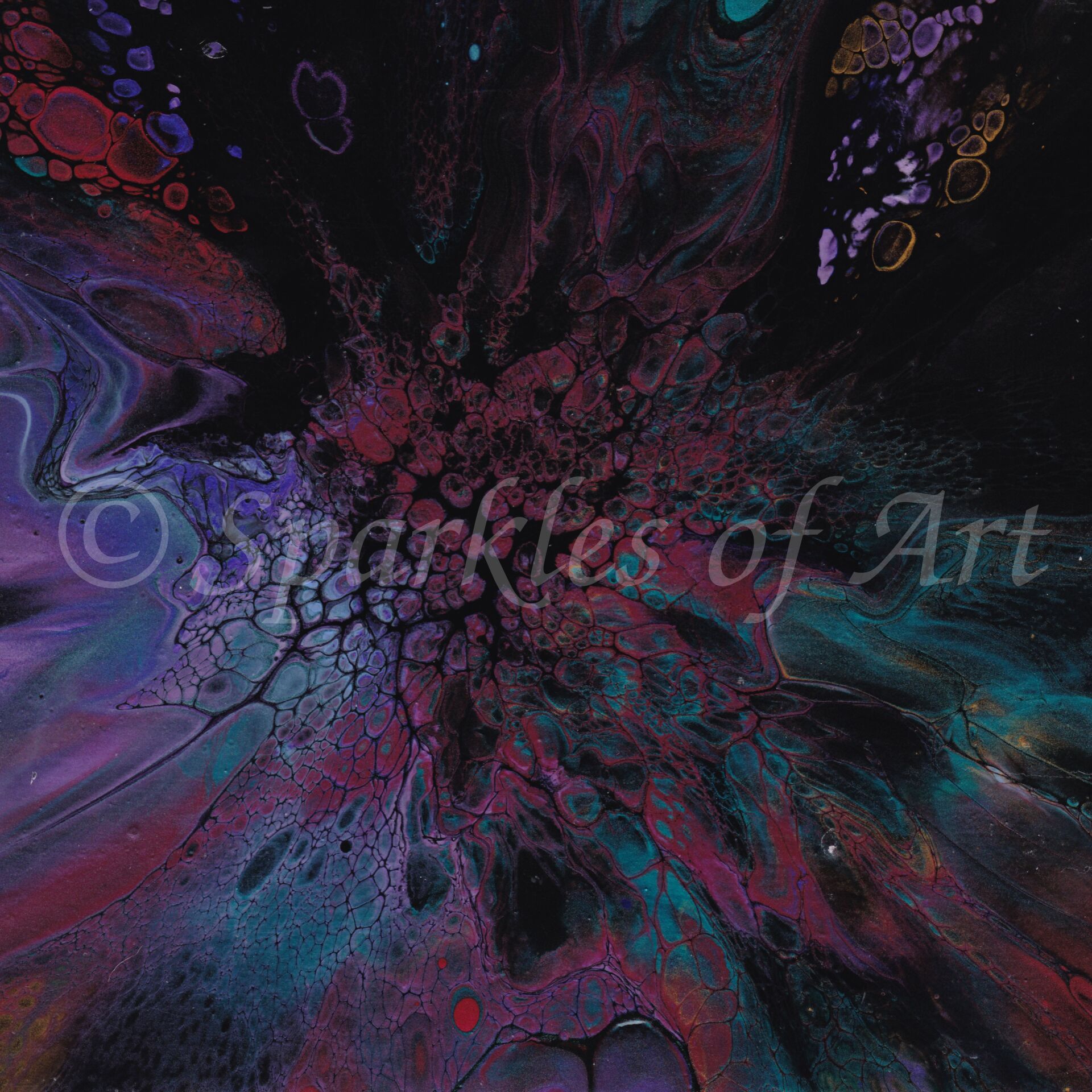 Abstract cosmic art with swirling purple, pink, and teal textures on a dark background
