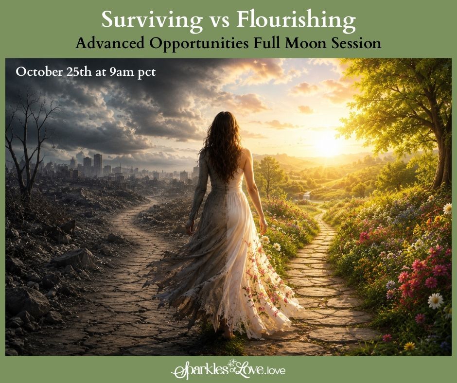 Woman in white dress walking a path toward sunrise, with city left and blooming garden right; “Surviving vs Flourishing” text.