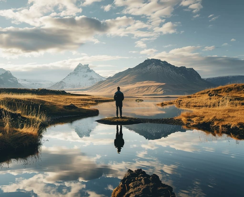 Person stands by a reflective lake with mountains and clouds at sunrise.