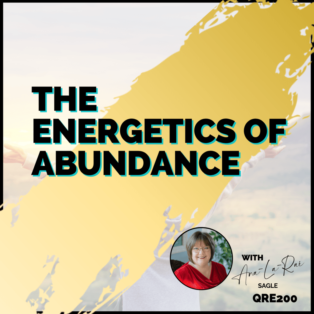 Podcast-style cover with yellow brushstroke and bold text “The Energetics of Abundance,” plus host portrait and QR code