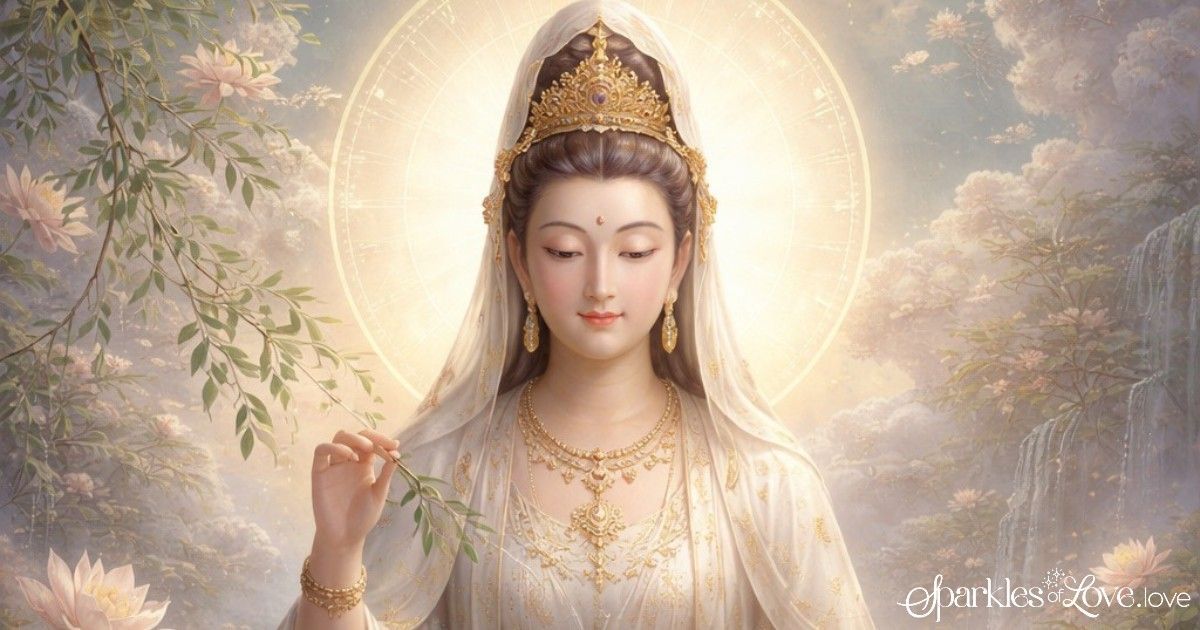 Quan Yin, serene golden-robed deity with halo, eyes closed, in a soft glowing forest scene