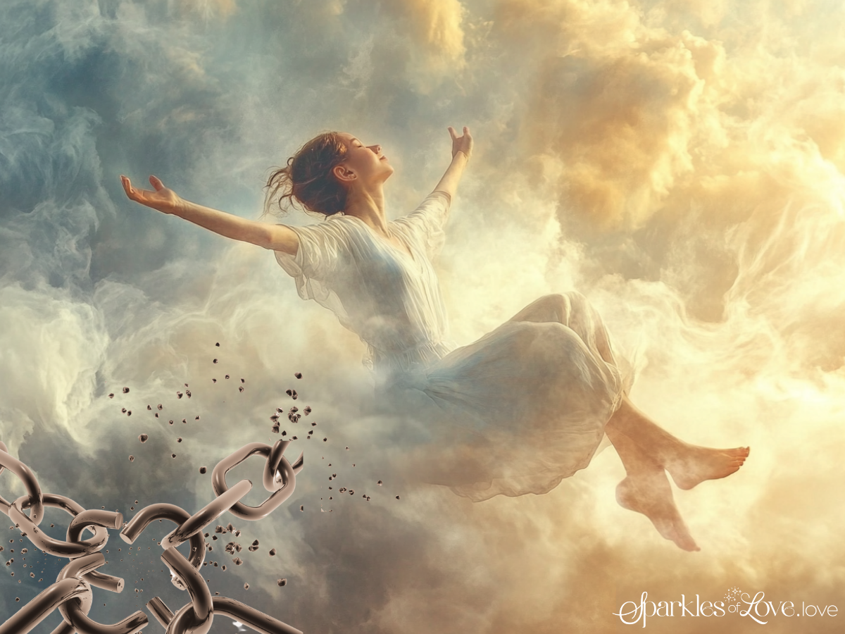 Woman in a white dress rising into glowing clouds, chained links breaking at the lower left.