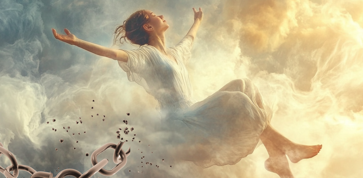 Woman in a white dress floating among clouds, arms outstretched in a glowing sky