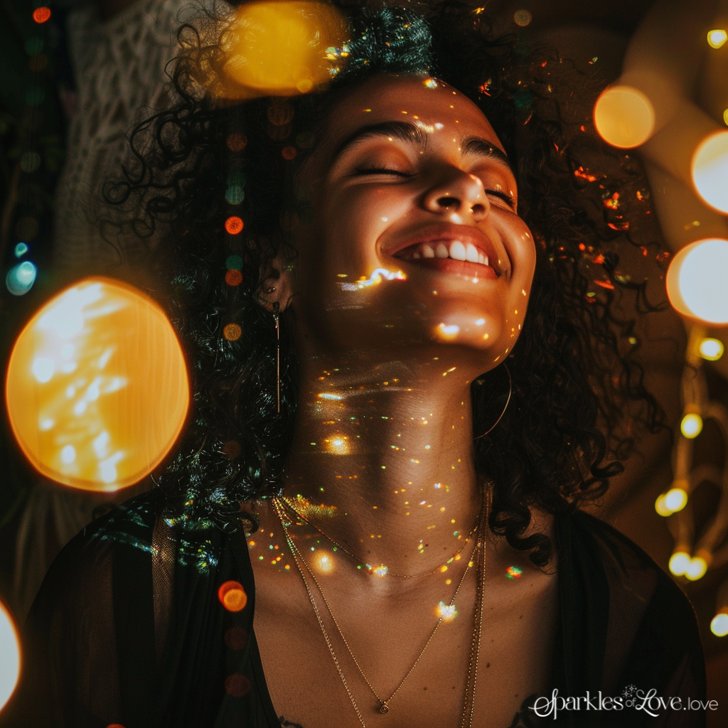 Smiling woman amid warm golden bokeh lights in a dark, festive setting