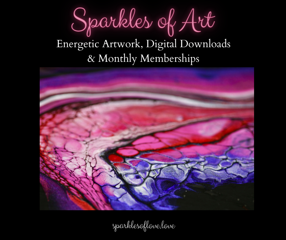Sparkles of Art promo with neon abstract artwork and text for digital downloads and monthly memberships