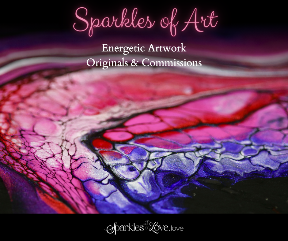 Sparkles of Art logo over vibrant pink, purple, and blue abstract art; text reads “Energetic Artwork Originals & Commissions”