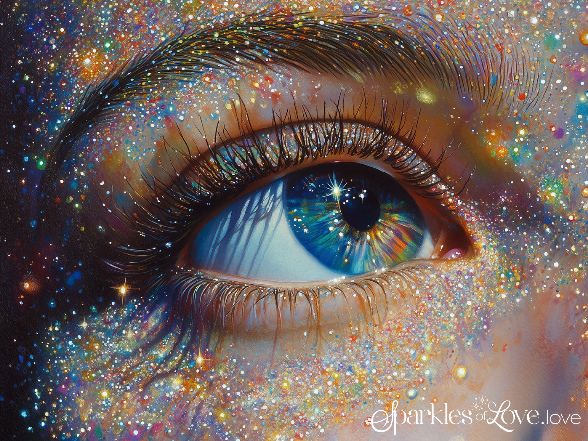 Close-up of a blue eye surrounded by shimmering glitter and sparkling makeup