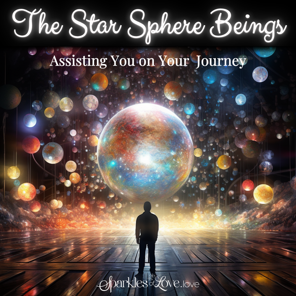 Person stands before a glowing cosmic sphere amid stars and lights, under the text “The Star Sphere Beings”
