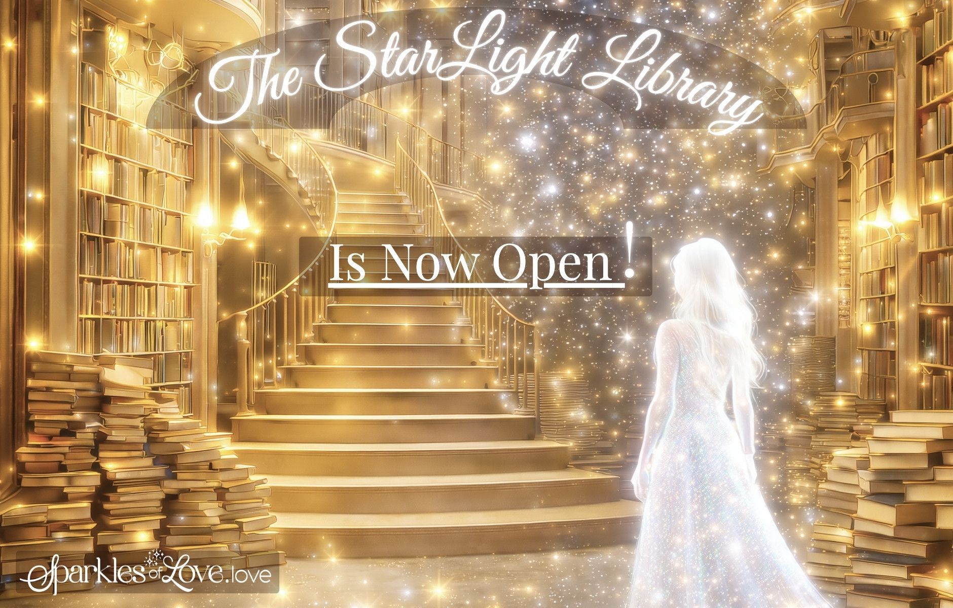 Glimmering library staircase with a glowing figure and text: “The Starlight Library Is Now Open!”