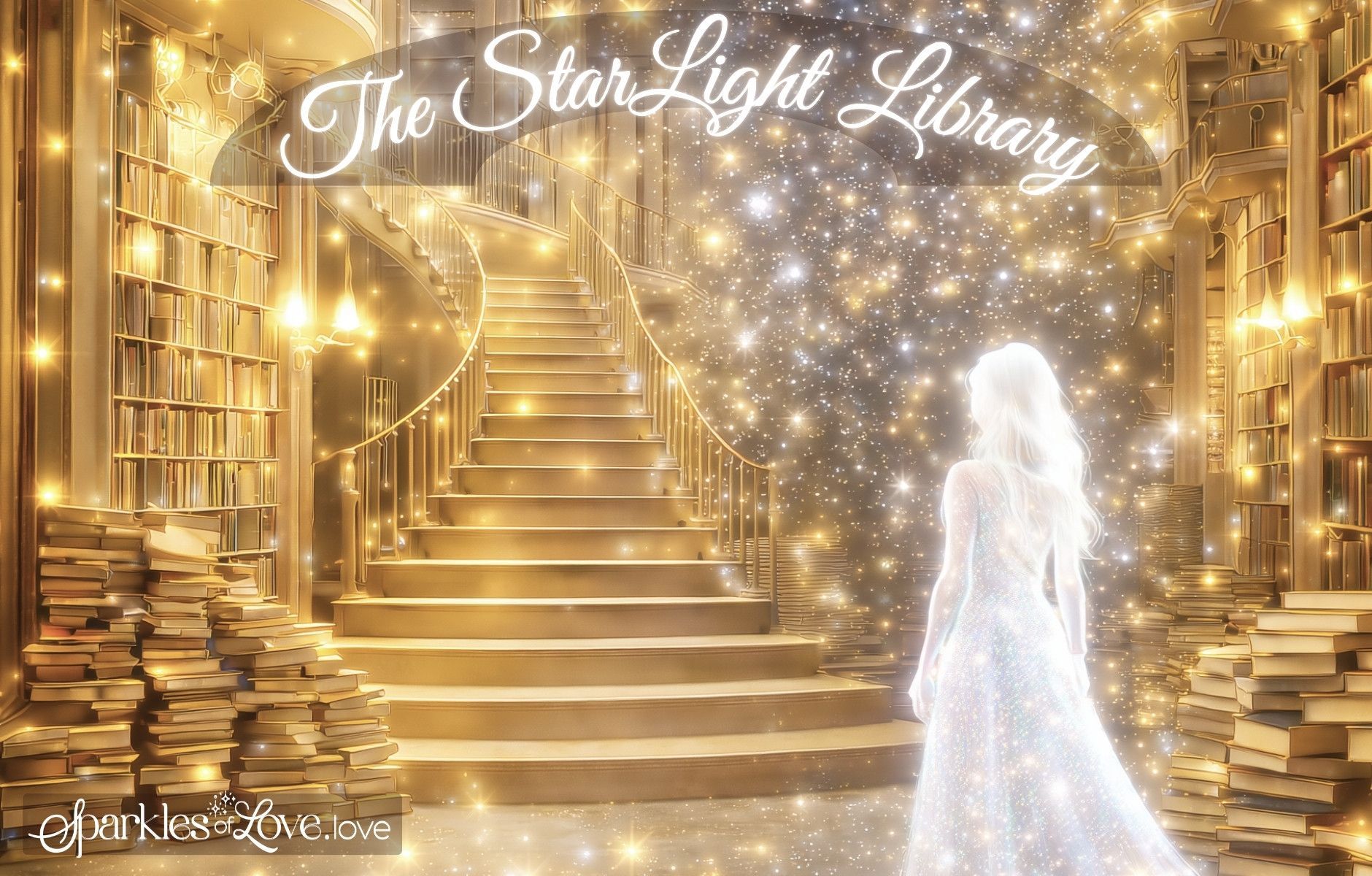 Glowing golden library staircase with sparkling lights and a luminous figure, titled “The Starlight Library”