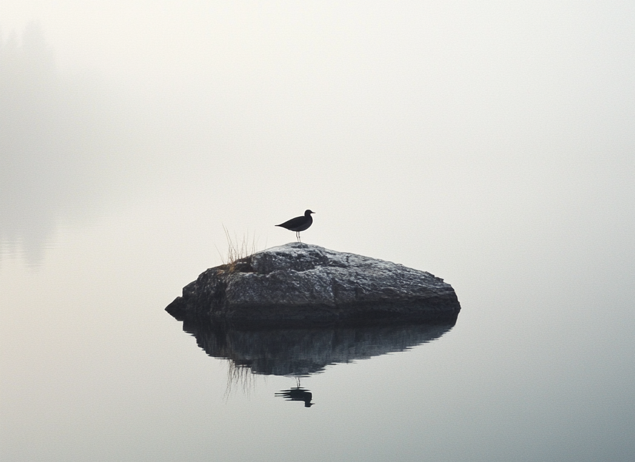 Bird perched on a rocky island reflected in calm, misty water