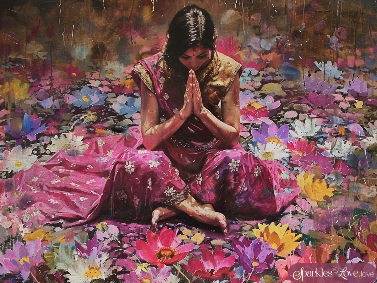 Woman in pink sari seated on flower petals, hands pressed in prayer, surrounded by colorful blossoms.