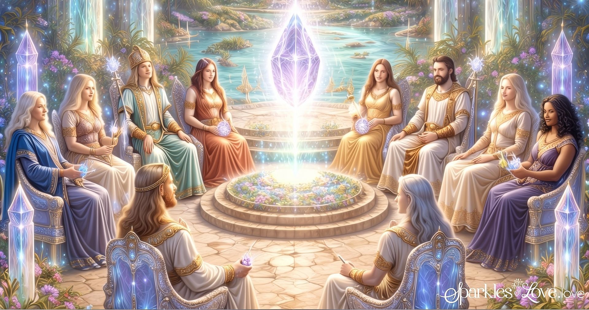 The Lemurian Council of Light sitting in a circle