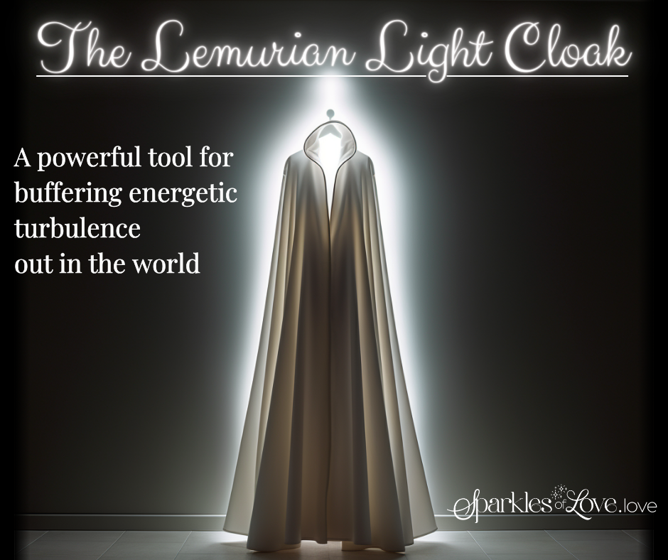 Glowing cloaked figure under title “The Lemurian Light Cloak” with text about energetic buffering