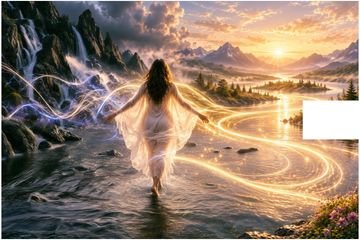Woman walking through glowing water at sunset beside waterfalls and mountains