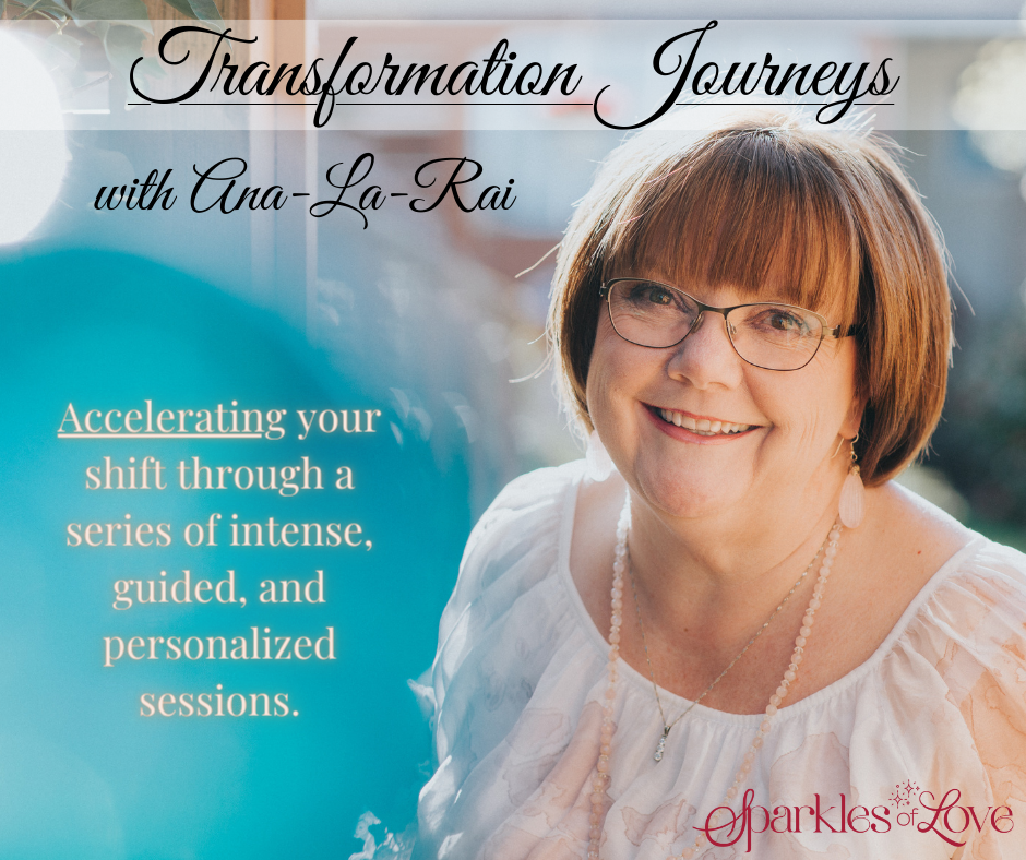 Transformation Journeys with Ana-La-Roi: smiling woman portrait with teal text about guided personalized sessions