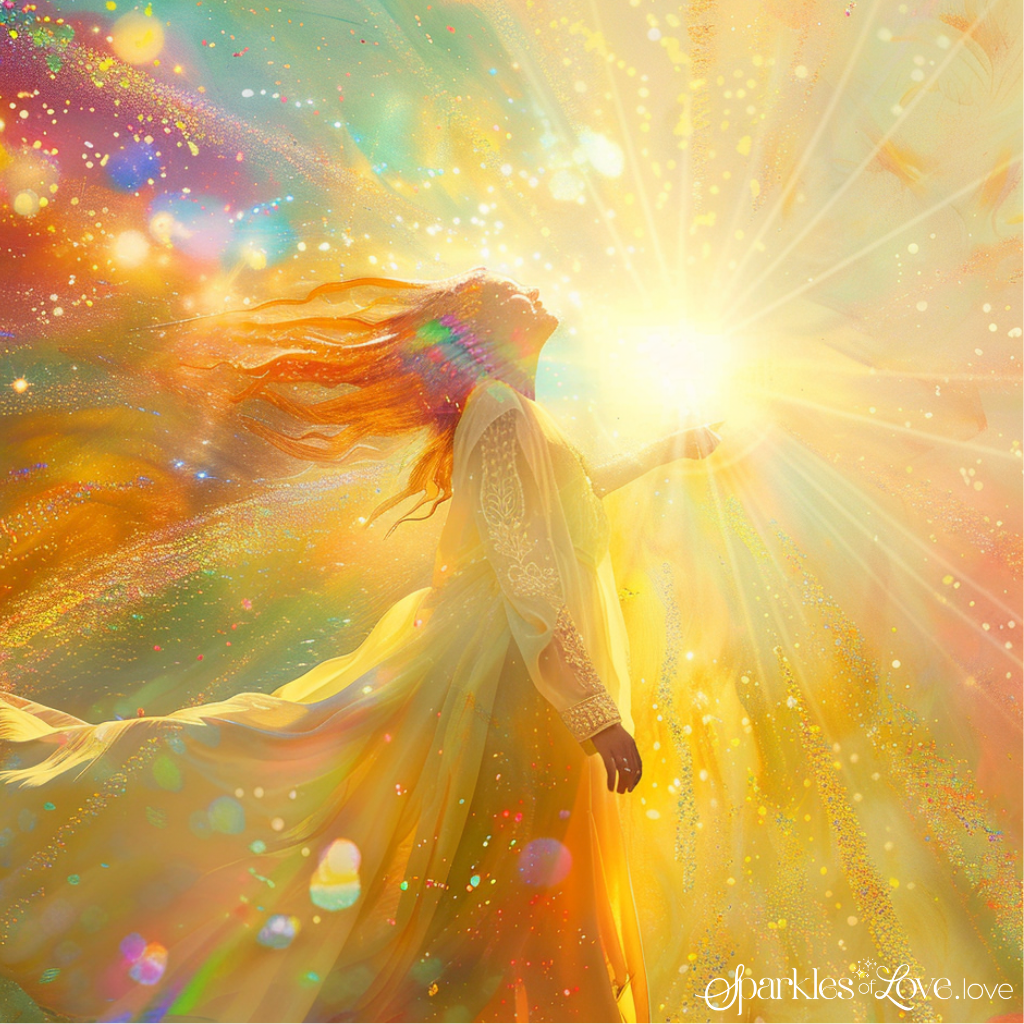 Woman in a flowing white dress walking toward a bright sunburst with golden sparkles and rainbow light.