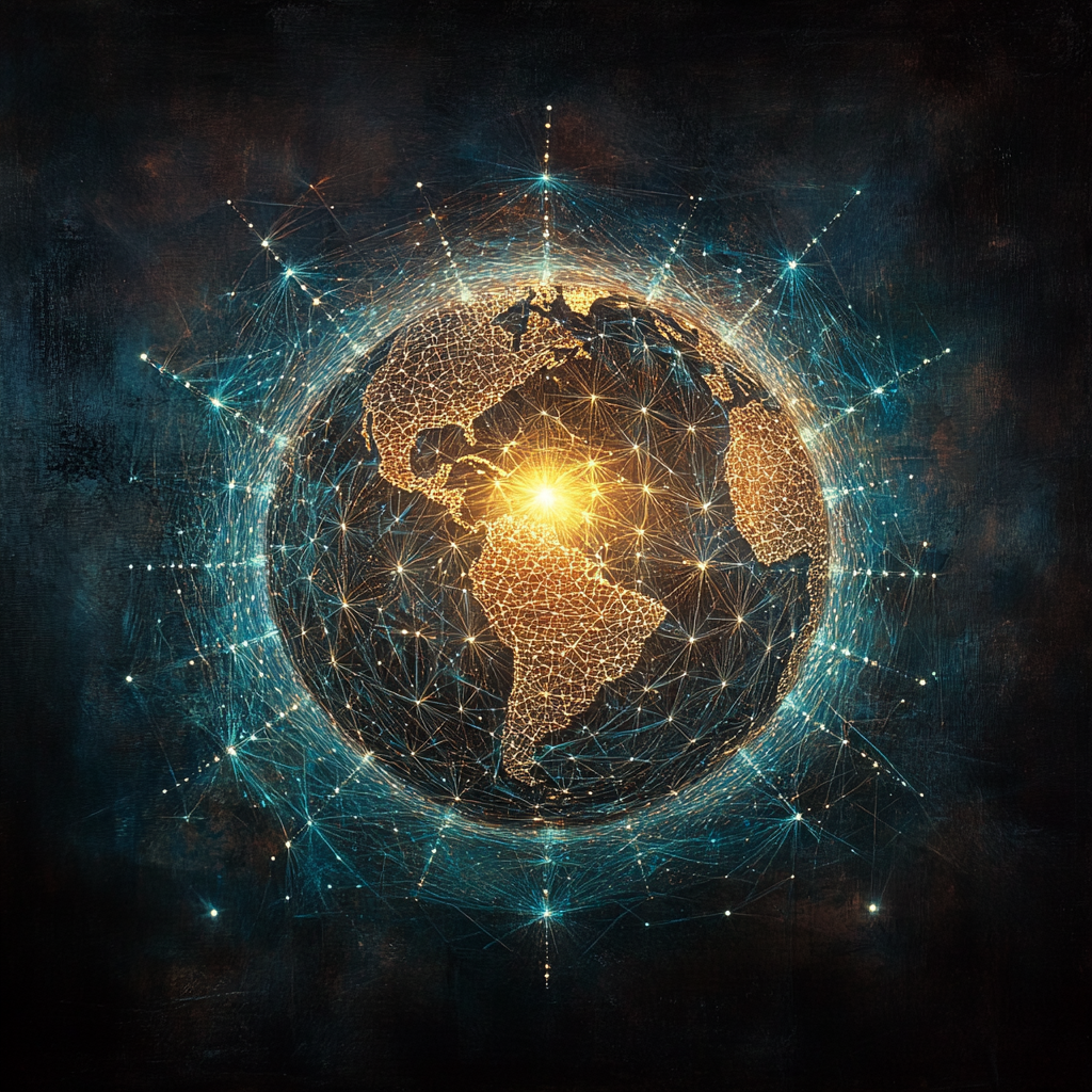 Glowing digital globe with network lines and a bright center on a dark background