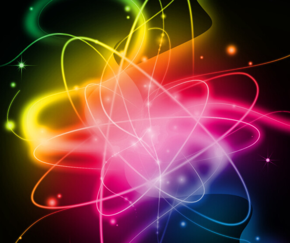 Abstract neon light trails in rainbow colors swirl on a black background.