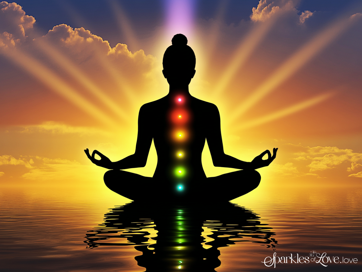 Silhouetted person meditating at sunset with glowing chakras over water
