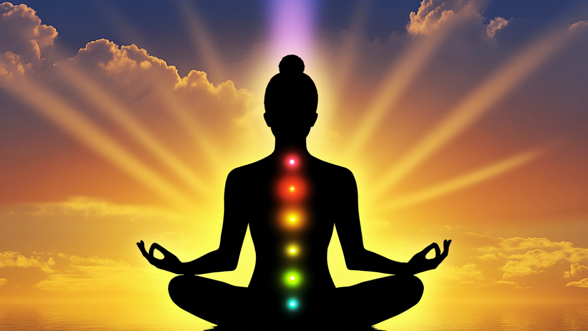 Silhouette of a person meditating with glowing chakras against a golden sunrise sky