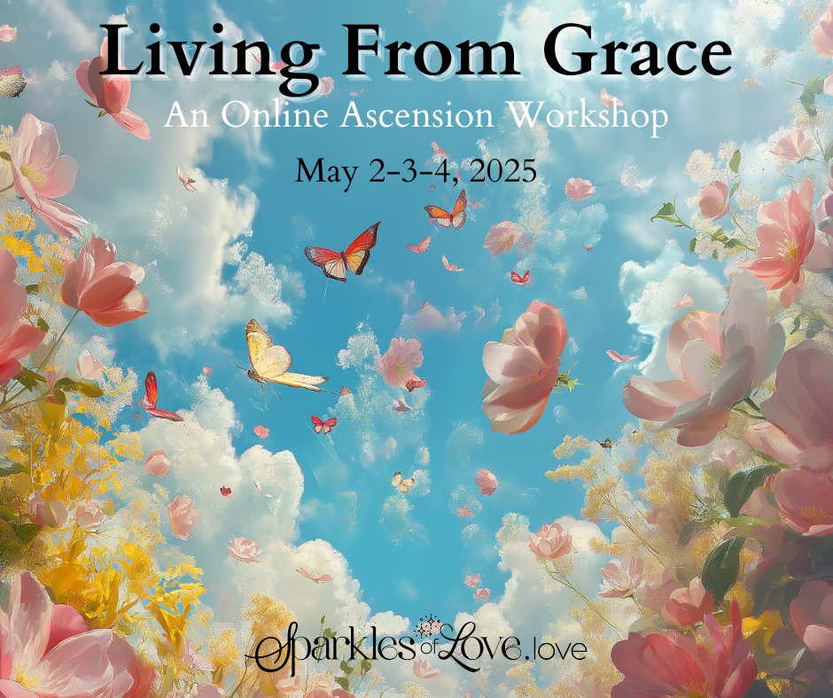 Living From Grace workshop poster with butterflies, blue sky, flowers, and May 2–3, 2025 text
