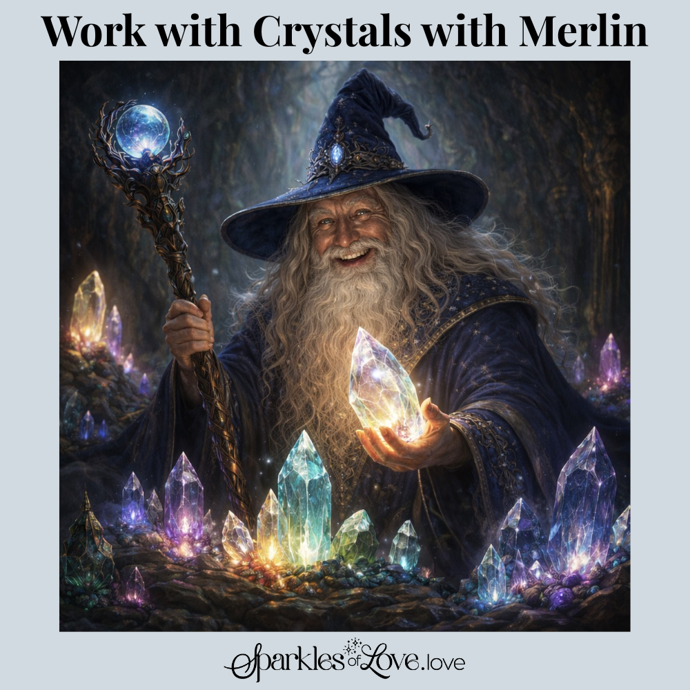 Wizard with glowing crystals and staff in a dark cave, surrounded by purple and blue gems