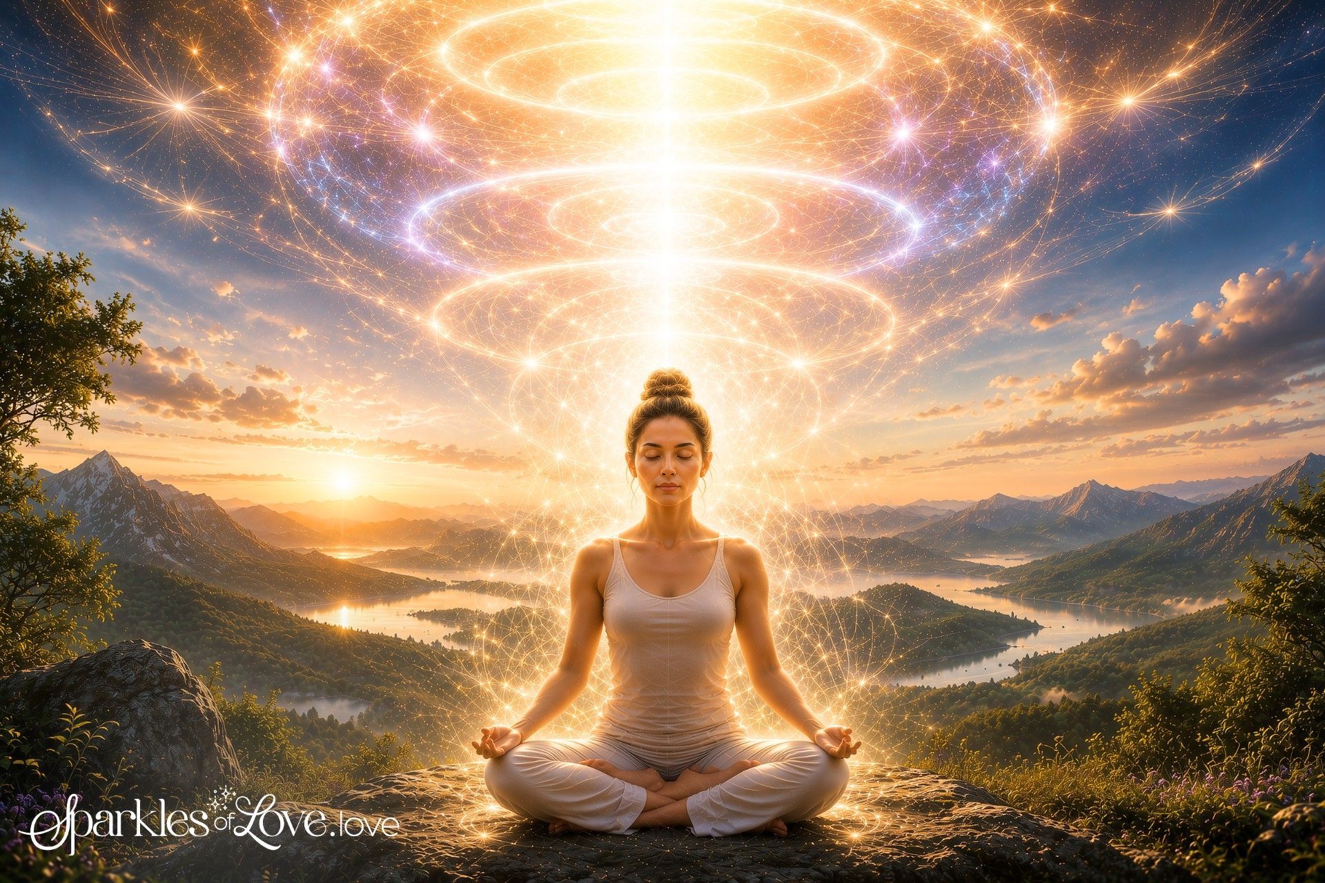 Woman meditating in lotus pose at sunrise above a misty valley, glowing energy spirals emanating from her