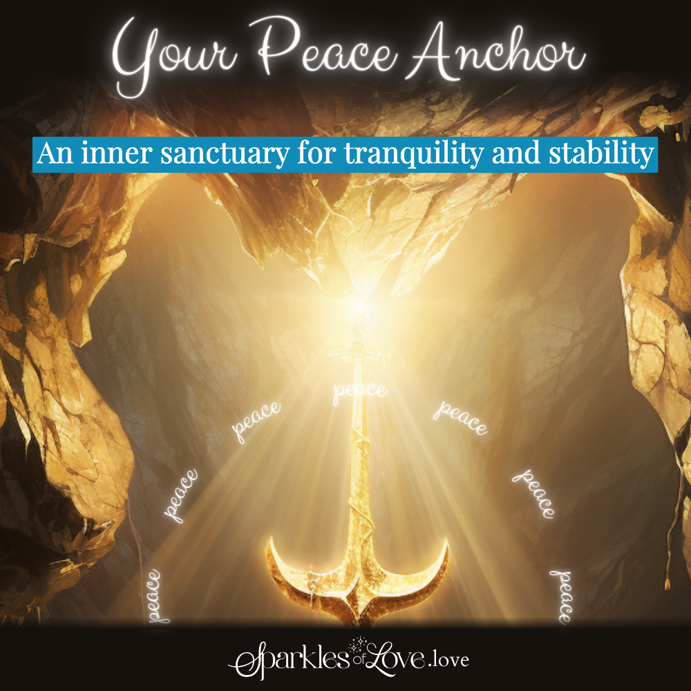 Golden anchor glowing in a cave-like sanctuary with the words “Your Peace Anchor”