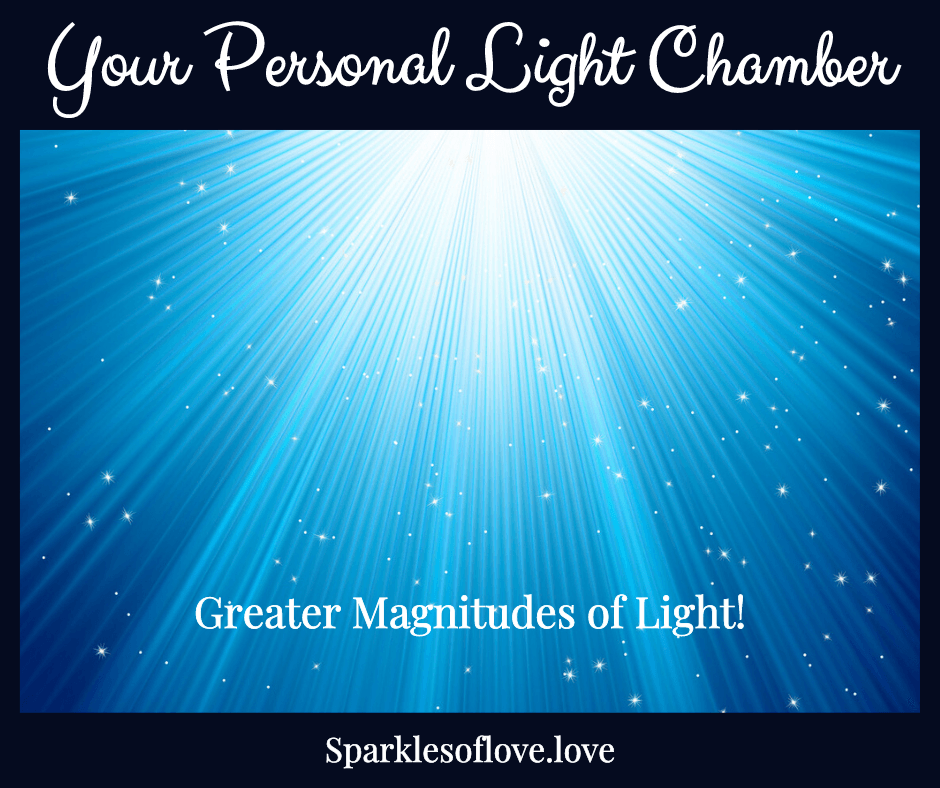 Blue light rays with text “Your Personal Light Chamber,” “Greater Magnitudes of Light!,” and “Sparklesoflove.love”