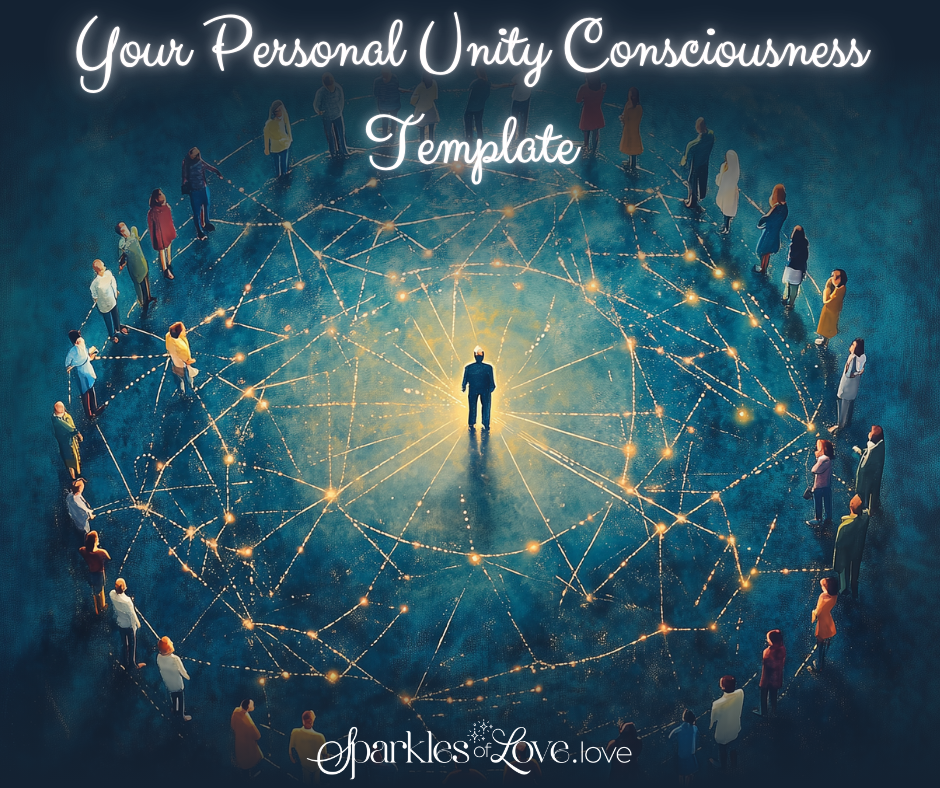 Abstract blue and gold geometric network with a glowing center and title text: “Your Personal Unity Consciousness Template.”