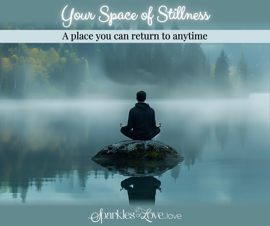 Person meditating on a rock in a misty lake with text “Your Space of Stillness” and “A place you can return to anytime”