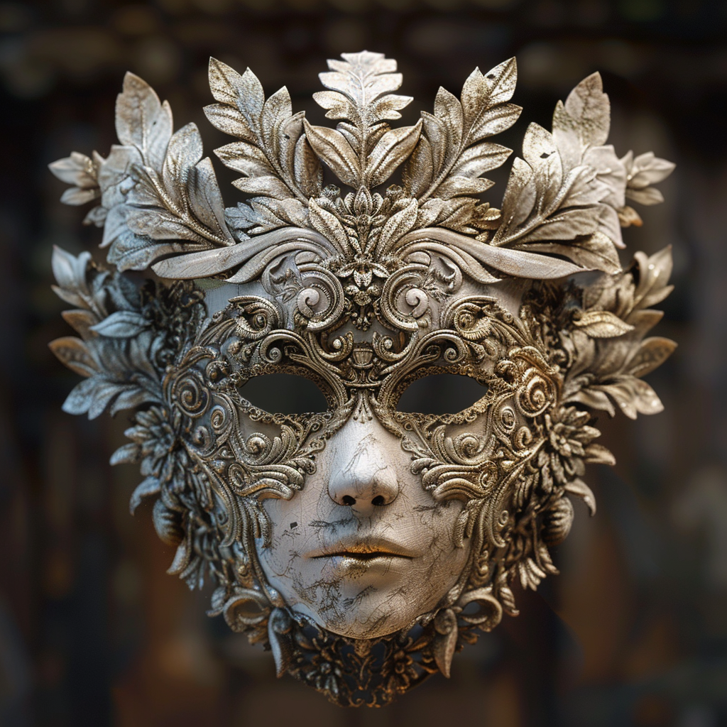 Ornate gold-and-white masquerade mask with leafy crown details on a dark background