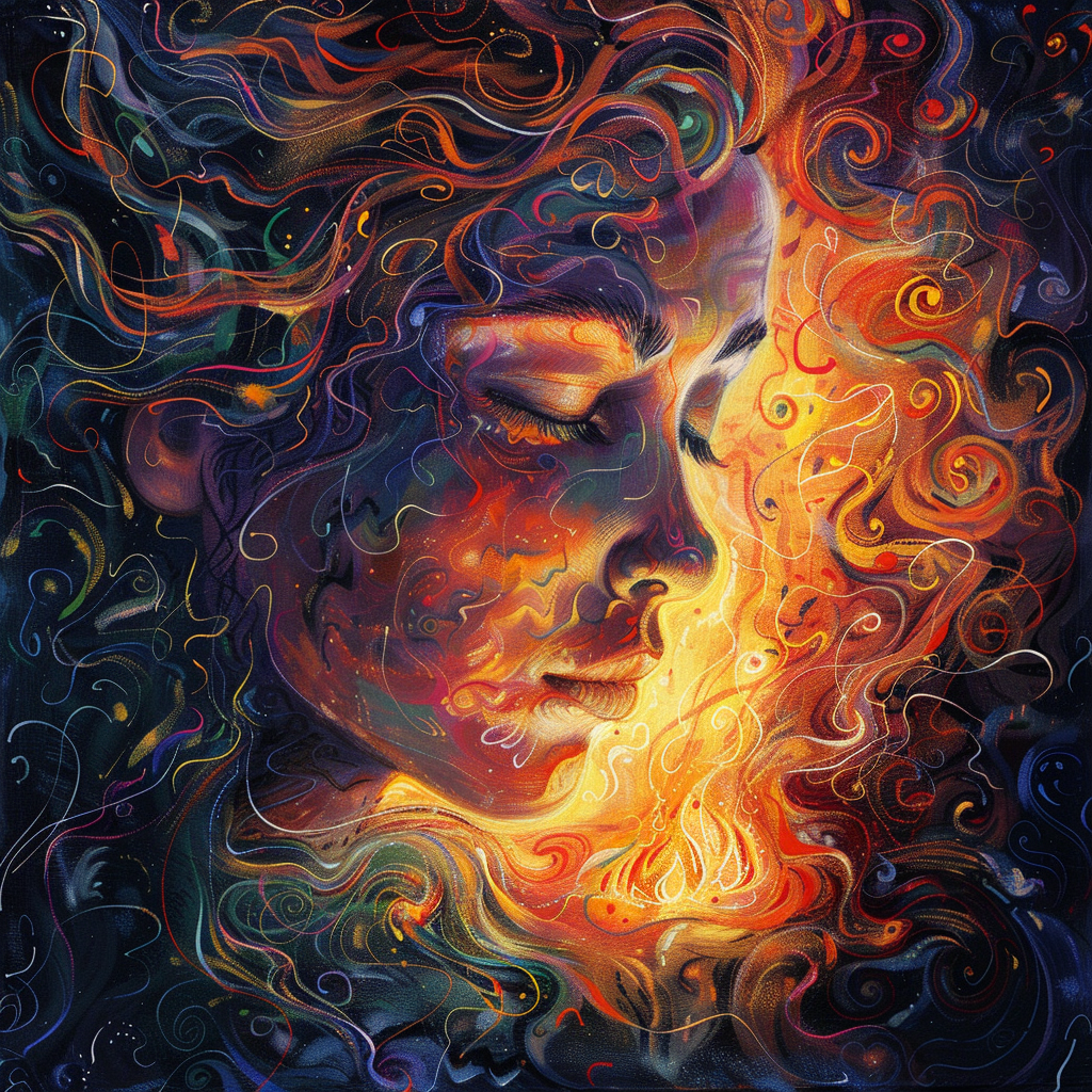 Abstract portrait of a serene face in swirling purple, blue, and fiery orange light