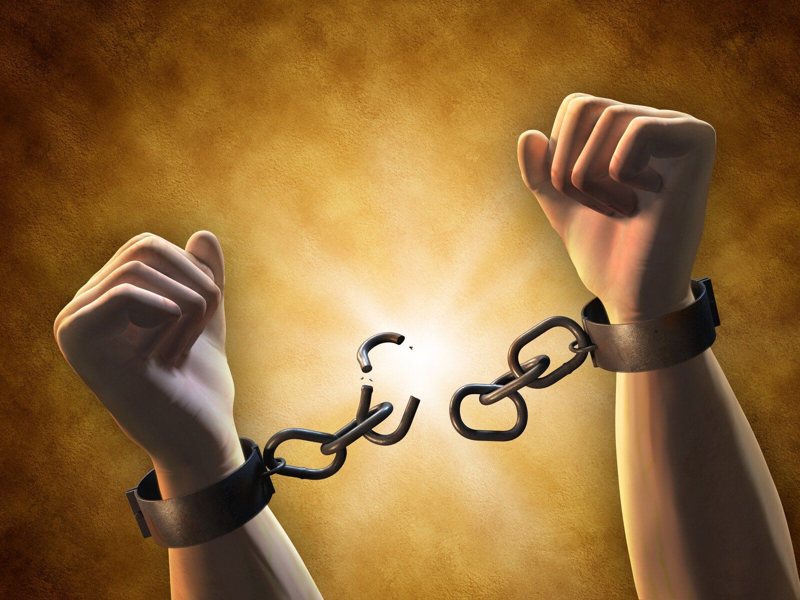 Two raised wrists in black cuffs with broken chain links against a golden background