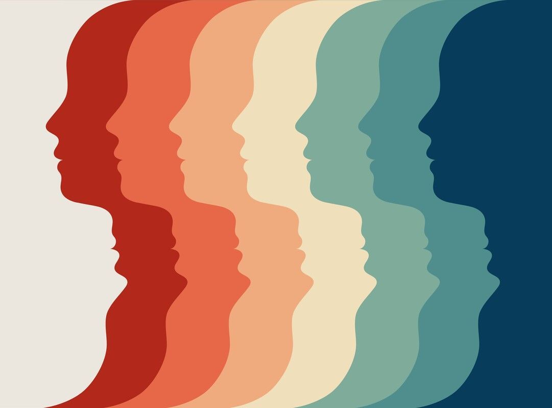 Six overlapping profile silhouettes in red, orange, cream, teal, and blue on a beige background